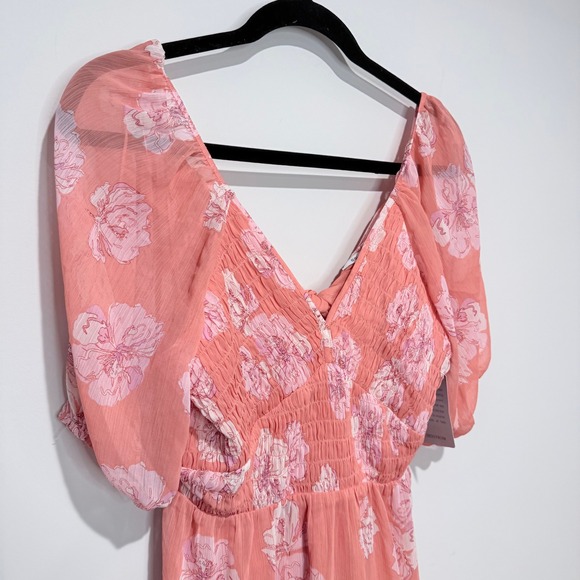 COLLECTIVE CONCEPTS Pink Floral Smocked V Neck Tie Back Mini Dress Women's M NEW - Picture 2 of 9